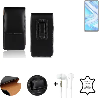 Produktbild von K-S-Trade Leder Gürteltasche + Kopfhörer kompatibel mit Xiaomi Redmi Note 9S Seitentasche Belt pouch Holster Handyhülle Schutz Hülle Etui schwarz