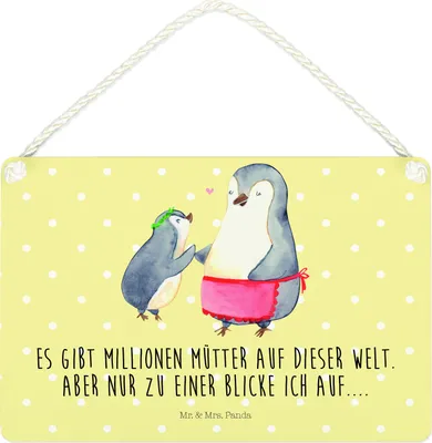 Produktbild von Mr. & Mrs. Panda holzbild Pinguin mit Kind DIN A4 - Gelb Pastell - Geschenk, Mama, Holzschild, Türschild, Familie, Schild, Muttertag, Vorbild, wandtafel, Wandbild Holz