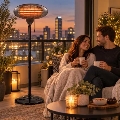 Produktbild von Infrarot Heizstrahler 2000W, Terrassenheizer mit Zugschalter, höhenverstellbar 120–210 cm, Standheizer & Wandmontage Terrassenheizung Terassenstrahler, KI-generiertes Bild