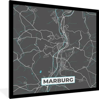 Produktbild von MuchoWow® Gerahmtes Poster Stadtplan - Karte - Marburg - Blau - Deutschland - Karte 40x40 cm - Poster mit Schwarzem Bilderrahmen Wandposter Rahmen Foto Bilder - Mit Rahmen - Wanddekoration Schlafzimmer