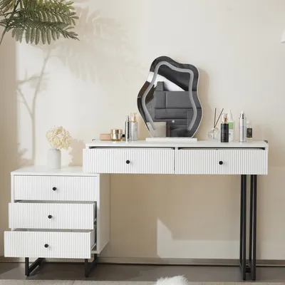 A white vanity table with drawers and a decorative mirror with LED lighting.