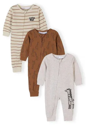 Produktbild von Minoti Baby Overall 3er-Pack 100% Baumwolle Beige für Jungen und Mädchen - Kinder Overall mit Reißverschluss und Giraffen-Print
