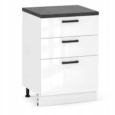 Produktbild von ULWEHOME 60 cm breiter freistehender Unterschrank für die Küche, 3 Schubladen, Weiß Hochglanz | Küchenmöbel der Serie EKO