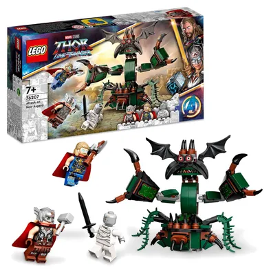 Produktbild von Marvel Angriff auf New Asgard Monster und 3 Minifiguren mit Sturmbrecher und Hammer Avengers Spielzeug aus dem Film Thor Love und Thunder