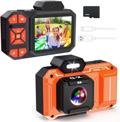 Productafbeelding van Kindercamera - Digitale camera - Vakantie foto's maken - 4K resolutie autofocus - 32GB kaart - Oranje