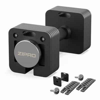 A set of adjustable dumbbells and their components are displayed on a white background.
