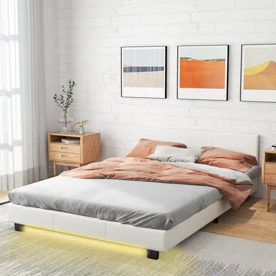 Produktbild von Łóżko COSTWAY z oświetleniem LED, 140 x 200 cm, łóżko tapicerowane ze stelażem listwowym, łóżko podwójne z wezgłowiem, rama łóżka, rama łóżka, biały