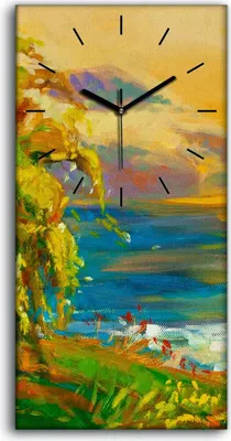 Produktbild von Wandbild Leinwand Bilder mit Uhr 30x60 Gemälde Wiese Wald Himmel Sonnenuntergang - schwarze Hände