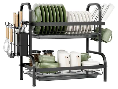 Produktbild von 2-stufiges Abtropfgestell, Geschirrständer mit Tropfschalen, Besteckhalter und Becherhalter, Schwarz