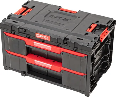 A black and red modular tool storage system with drawers.
