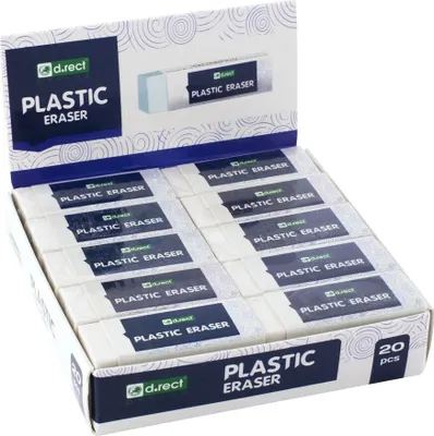 Produktbild von D.RECT Radiergummi, Radierer, HI-POLYMER Plastic Eraser , Groß x 20 Stück , Weiß 56 x 23 x 12 mm