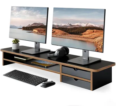 Immagine prodotto di Supporto per monitor con 2 cassetti, colore nero, dimensioni 108x23,5x14 cm, realizzato in MDF