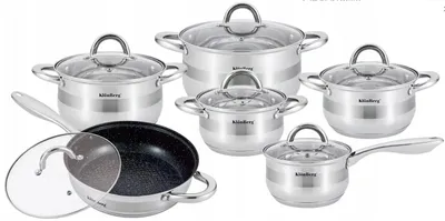 Produktbild von Topfset aus Edelstahl, 12 tlg. 4 Töpfe, Bratpfanne, Stielkasserolle, Deckel, Induktion