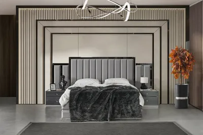 Produktbild von Elegante Graue Schlafzimmer Garnitur Edles Polsterbett Nachttische