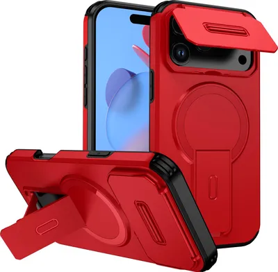 Produktbild von Magnetisch Hülle für iPhone 17 Pro Max, Dual Layer Stoßfest Handyhülle mit Dia Kameraschutz, Verstellbarem Ständer Rot