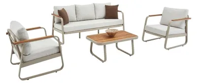 Image de Salon de jardin en aluminium et tissu oléfine beige avec canapé 3 places, 2 fauteuils et table basse