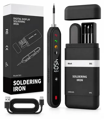 Produktbild von Akku Lötkolben USB-C, elektrischer Lötkolben mit Digitalanzeige, 1400 mAh Akku, 8–15 W, austauschbarer Heizeinsatz und Ruhefunktion