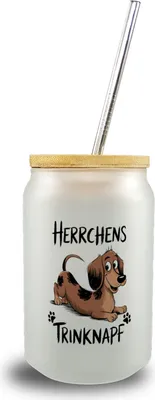 Produktbild von Dackel Cartoon Herrchens Trinknapf Trinkglas mit Bambusdeckel