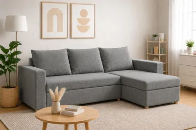 Produktbild von Ecksofa HUGO L-Form, Universal, Modernes Bettsofa mit Schlaffunktion und Bettkasten, Schlafsofa, Couch beidseitig montierbar, GRAU - SAWANA 21, KI-generiertes Bild