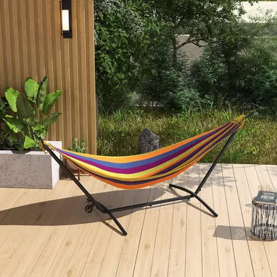 Produktbild von Hängemattenständer höhenverstellbar, Hängemattengestell Stahl pulverbeschichtet, Schwarz | 290x120x115 cm | bis 220 kg | 6 Höhenstufen