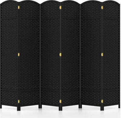 Productafbeelding van COSTWAY 6-delige inklapbare roomdivider, 170 cm hoge privacy-scherm met handgeweven textuur en stevig houten frame, vrijstaande wandpartitie en ruimteverdeler, zwart