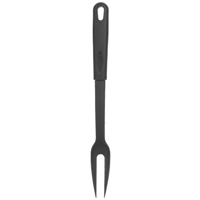 A black kitchen fork is shown against a white background.