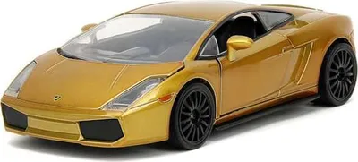 A gold Lamborghini Gallardo toy car is shown from a three-quarter front angle on a white background.
