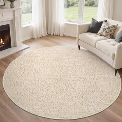 Productafbeelding van Rond vloerkleed 120 cm, pluche woonkamerkleed, 3D effect, crèmekleurig, antislip, voor woonkamer