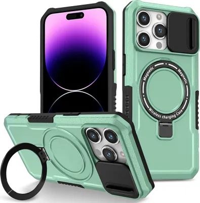 Produktbild von Handyhülle für iPhone 14 Pro Kompatibel mit MagSafe, Robuste Hülle mit Schiebe Kamera Schutz, Magnetischer Ringständer Grün
