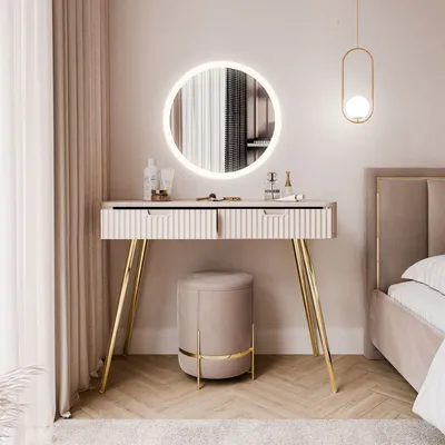 Produktbild von Schminktisch ZAIRA mit LED Spiegel Kaschmir schräge gold Chrom Beine