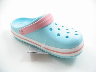 A single light blue Crocs Crocband Clog with pink accents is shown against a white background.