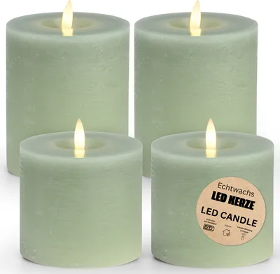 Produktbild von LED Stumpenkerzen 4er Wachs, Flackernde Flamme, Ø 10 cm, Salbei
