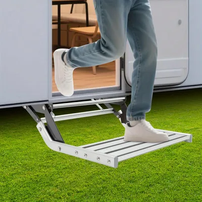 Produktbild von Aluminium-Aufstiegshilfe für Wohnmobile - Klappbare Wohnmobil-Treppe - Metallstufen - Stufen für Wohnmobile - Rutschfeste Plattform
