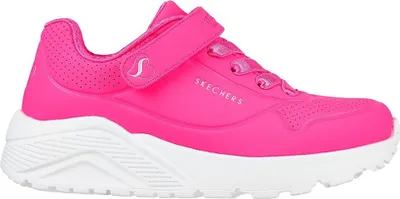 A single pink Skechers shoe with a white sole is shown against a white background.