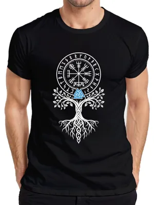 Obrázek produktu pro Tričko s motivem Vikingů: Valknut, Vegvisir, Weltenbaum (Yggdrasil), runy, kompas, Odin, pánské, černé barvy, velikost L