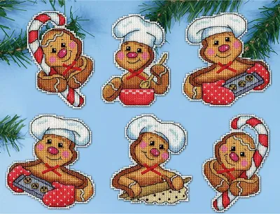 Produktbild von Design Works Kreuzstich Stickpackung "Weihnachtsbaumschmuck Lebkuchenbäcker (6er-Set)", Zählmuster, 9x9cm