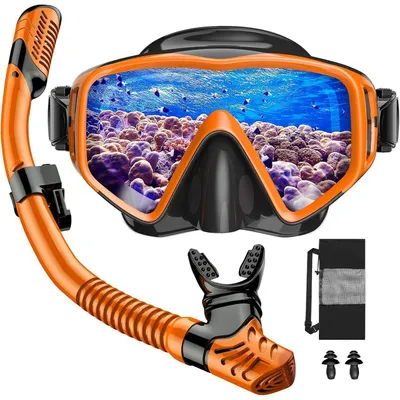 Produktbild von Schnorchelset Erwachsene mit Taucherbrille und Dry Schnorchel, Anti-Leck & Anti-Fog, Gehärtetes Glas, Schwarz/Orange