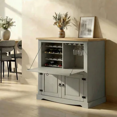 Produktbild von Weinschrank TEQUILA im Mexiko Stil, schöner Barschrank mit Klappfach und 2 Türen, praktische Hausbar aus Kiefer massiv in grau/braun
