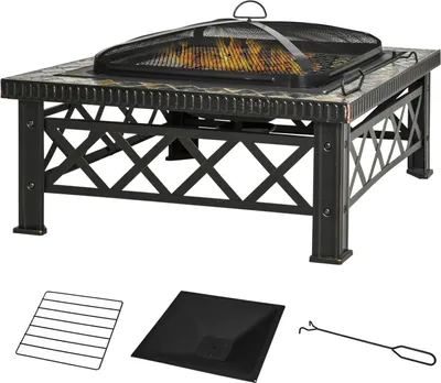 Produktbild von 3-In-1 Feuerschale Feuerkorb Feuerstelle Mit Funkenschutz Grillrost Eiskübel Garten Bbq Schwarz 76 X 76 X 47 Cm