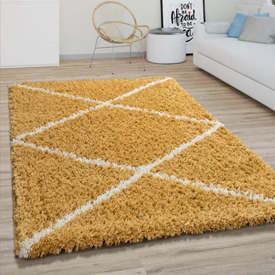 Produktbild von Hochflor Teppich Wohnzimmer Shaggy Skandinavisches Rauten Muster, Modern In Gelb Grösse 140x200 cm