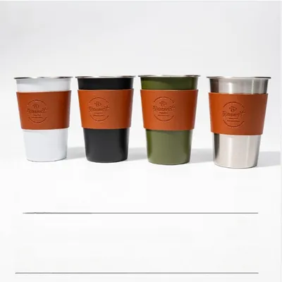 Immagine prodotto di INF Set da 4 Tazze da Campeggio Portatili in Acciaio Inox e Pelle per Vino/Tè 350 ml