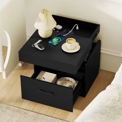 Produktbild von Nachttisch mit 2 Steckdosen &1 USB & 1 Typ-C Anschluss, Nachtschränkchen mit Schublade & Schiebetür, Beistelltisch Holz (Schwarz)