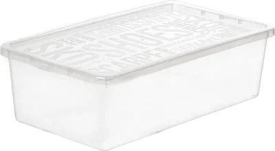 A clear plastic storage box with text printed on the lid.