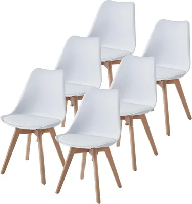 A set of six white dining chairs with wooden legs arranged in a staggered formation against a white background.
