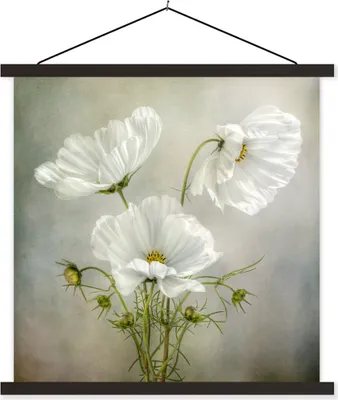 Produktbild von MuchoWow® Textilposter Blumen - Stillleben - Mohn - Weiß - Botanisch 120x120 cm mit schwarzem Rahmen - Aufhängungsset