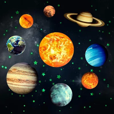 Immagine prodotto di Adesivi murali a forma di sistema solare, luminosi, con 9 pianeti e stelle, ideali per la decorazione della cameretta dei bambini
