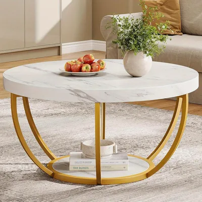 Image de Table basse - Table d'appoint - Table de salon - Table ronde moderne, 2 niveaux