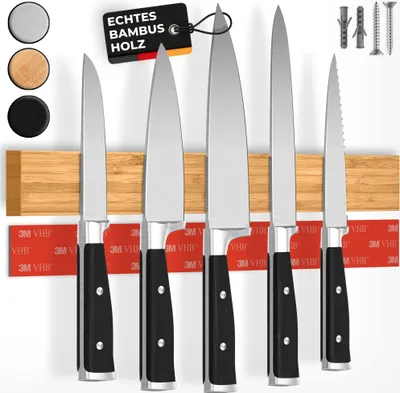 Produktbild von CUCINO Messer Magnetleiste selbstklebend 40cm aus Bambus - Vergleichssieger mit extra starkem Magnet - Einfache Montage mit 3M Klebeband ohne Bohren