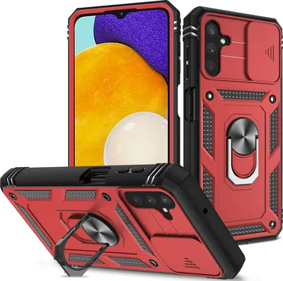 Image de Etui pour Samsung Galaxy A13 5G avec protection coulissante de l'appareil photo, résistant aux chocs, avec porte-anneau, support et porte-cartes Rouge