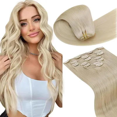 Obrázek produktu pro Clip-in prodlužovací vlasy, přírodní vlasy, barva: platinová blond, typ: Remy, délka: 40 cm, počet kusů: 7, hmotnost: 105 g, odstín: #613